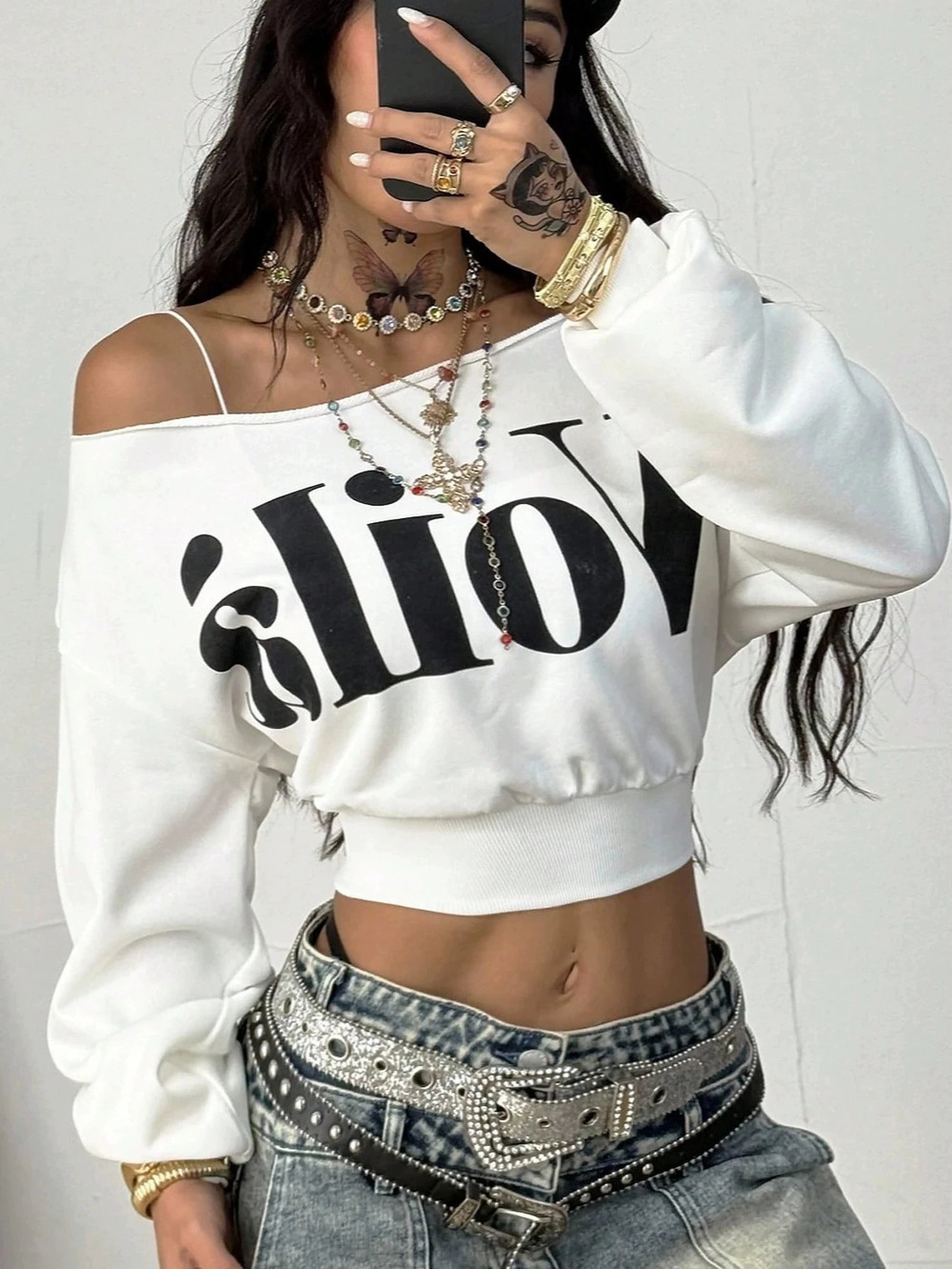 ZARA Autumn Women Off Shoulder Long Sleeve Letter Print Crop Top